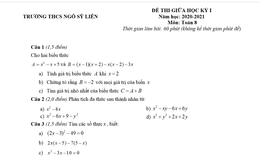 Toán 8: Đề kiểm tra giữa học kỳ 1. Trường THCS Ngô Sỹ Liên 1 năm học 2020-2021
